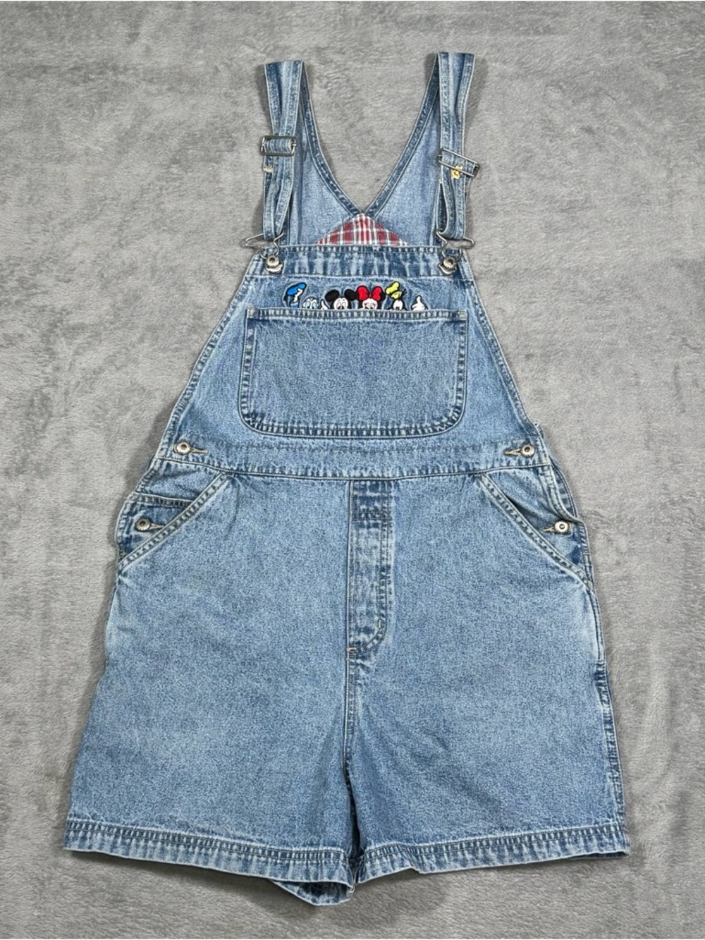 VTG Disney Mickey Mouse Denim Overall Shorts Womens S Blue Y2K Embroidered 90s